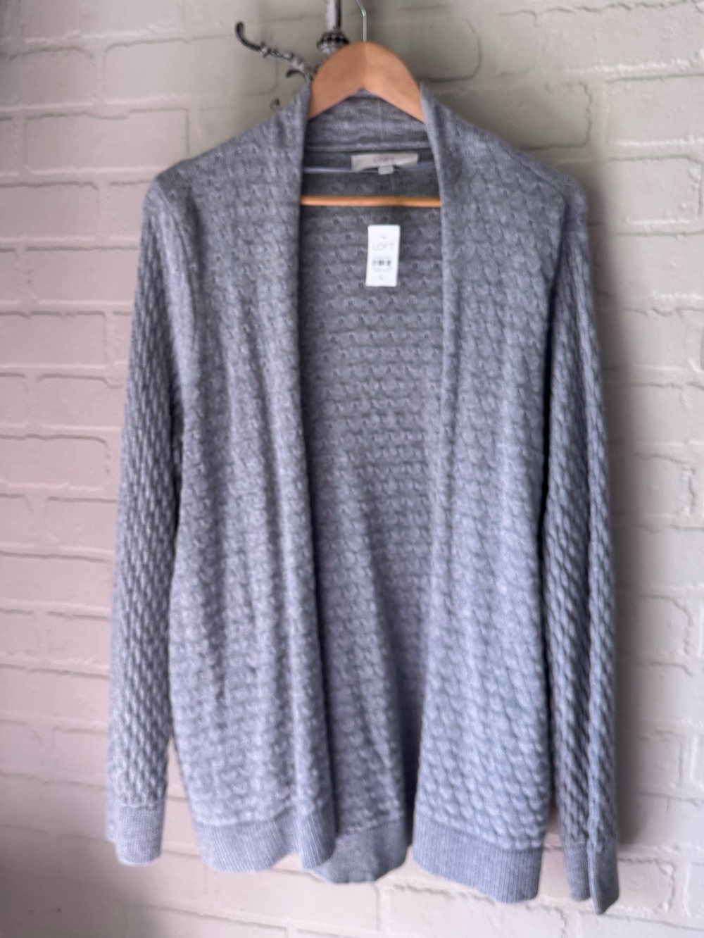 Loft Gray cardigan Open front xl NEW Textured knit Sweater pockets wool blend